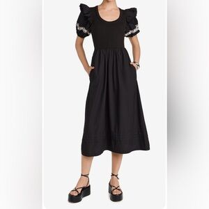 Cleobella Selma Black Midi Dress with Ruffled Sleeves. Large